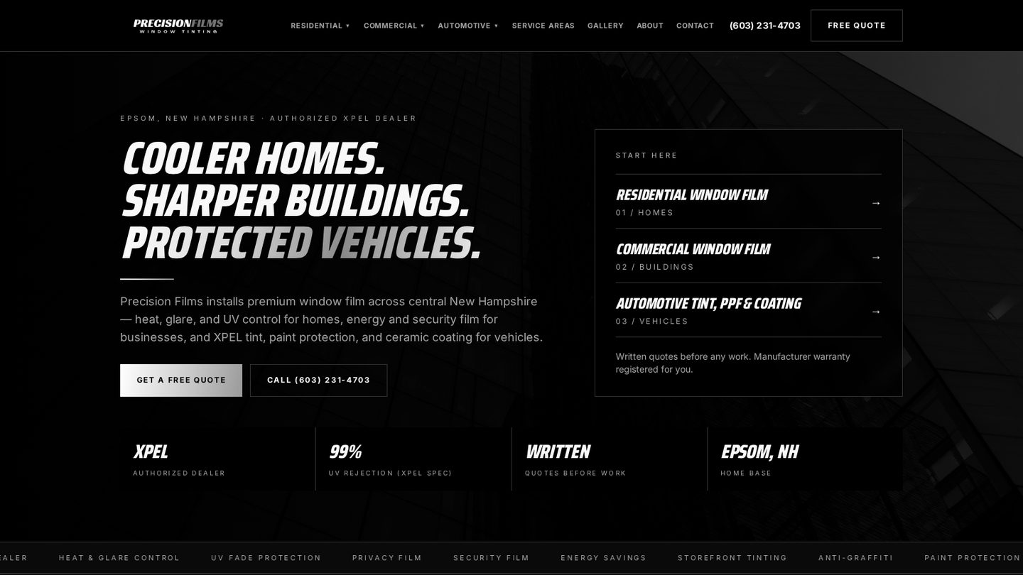 Homepage of the Window Tint NH website built by Second Gen Digital